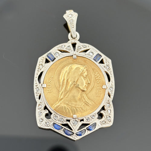 Art Deco Virgin Mary Mystic Rose Medal Pendant Platinum-Topped 18k Gold