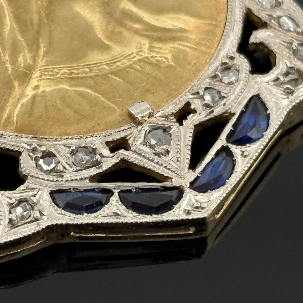 Art Deco Virgin Mary Mystic Rose Medal Pendant Platinum-Topped 18k Gold
