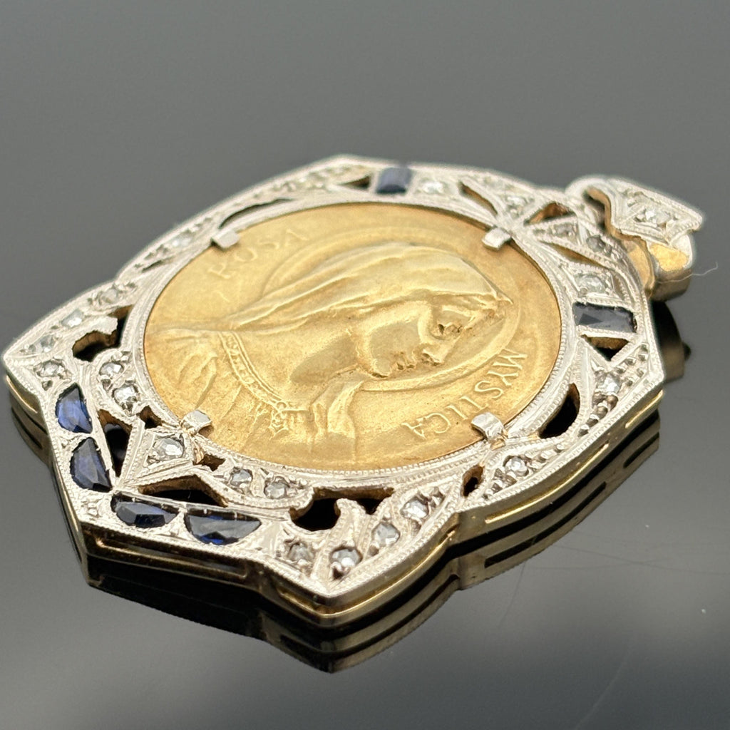 Art Deco Virgin Mary Mystic Rose Medal Pendant Platinum-Topped 18k Gold