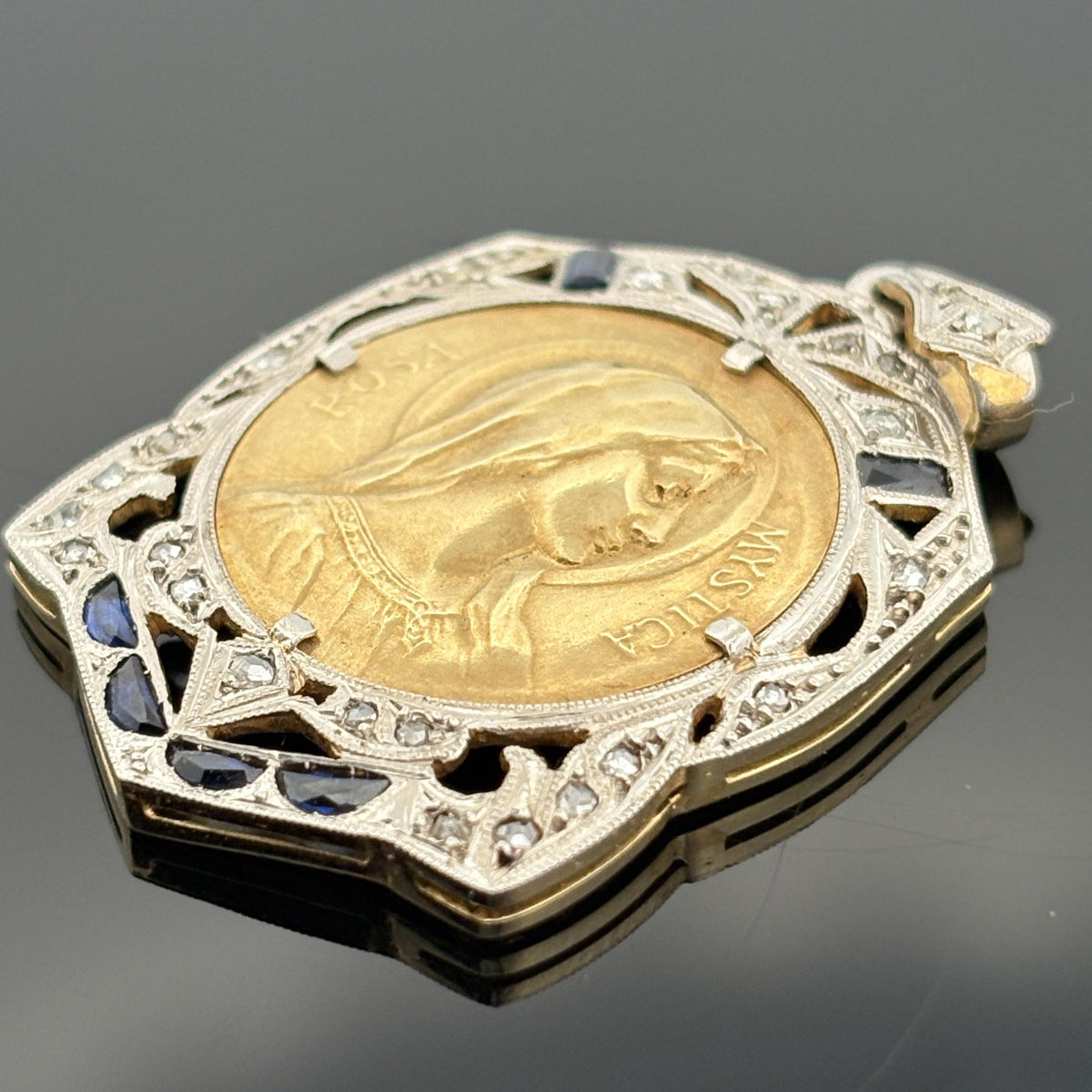 Art Deco Virgin Mary Mystic Rose Medal Pendant Platinum-Topped 18k Gold