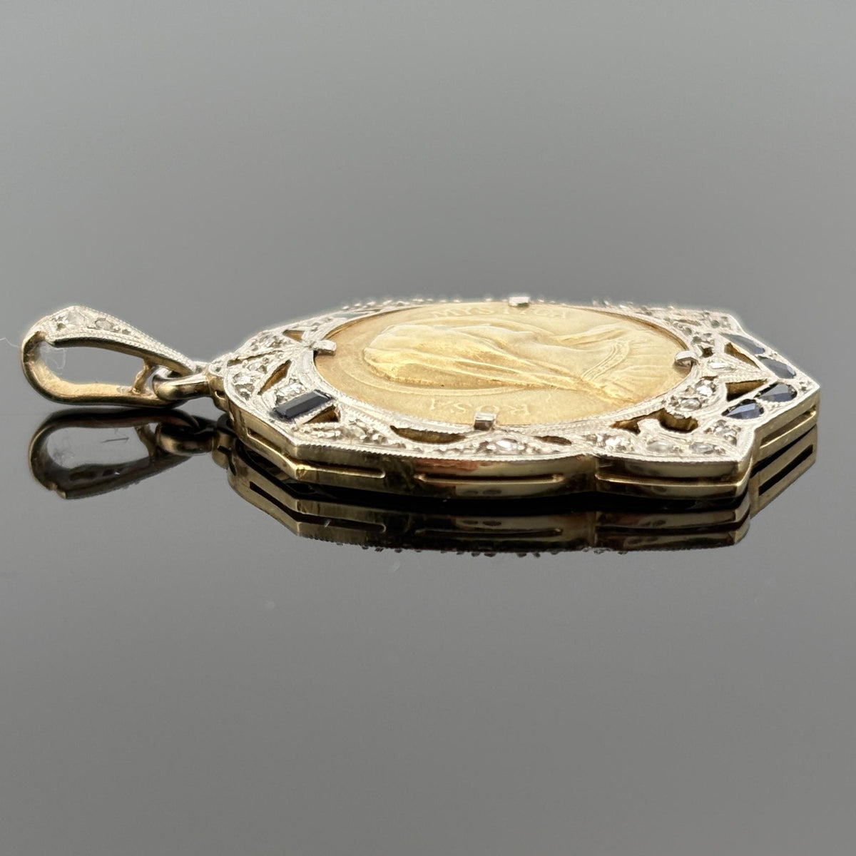 Art Deco Virgin Mary Mystic Rose Medal Pendant Platinum-Topped 18k Gold