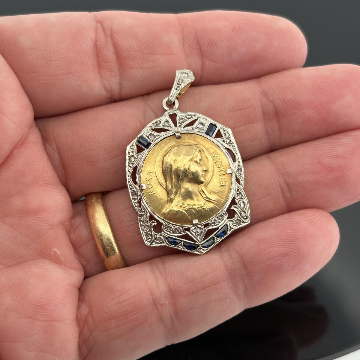 Art Deco Virgin Mary Mystic Rose Medal Pendant Platinum-Topped 18k Gold