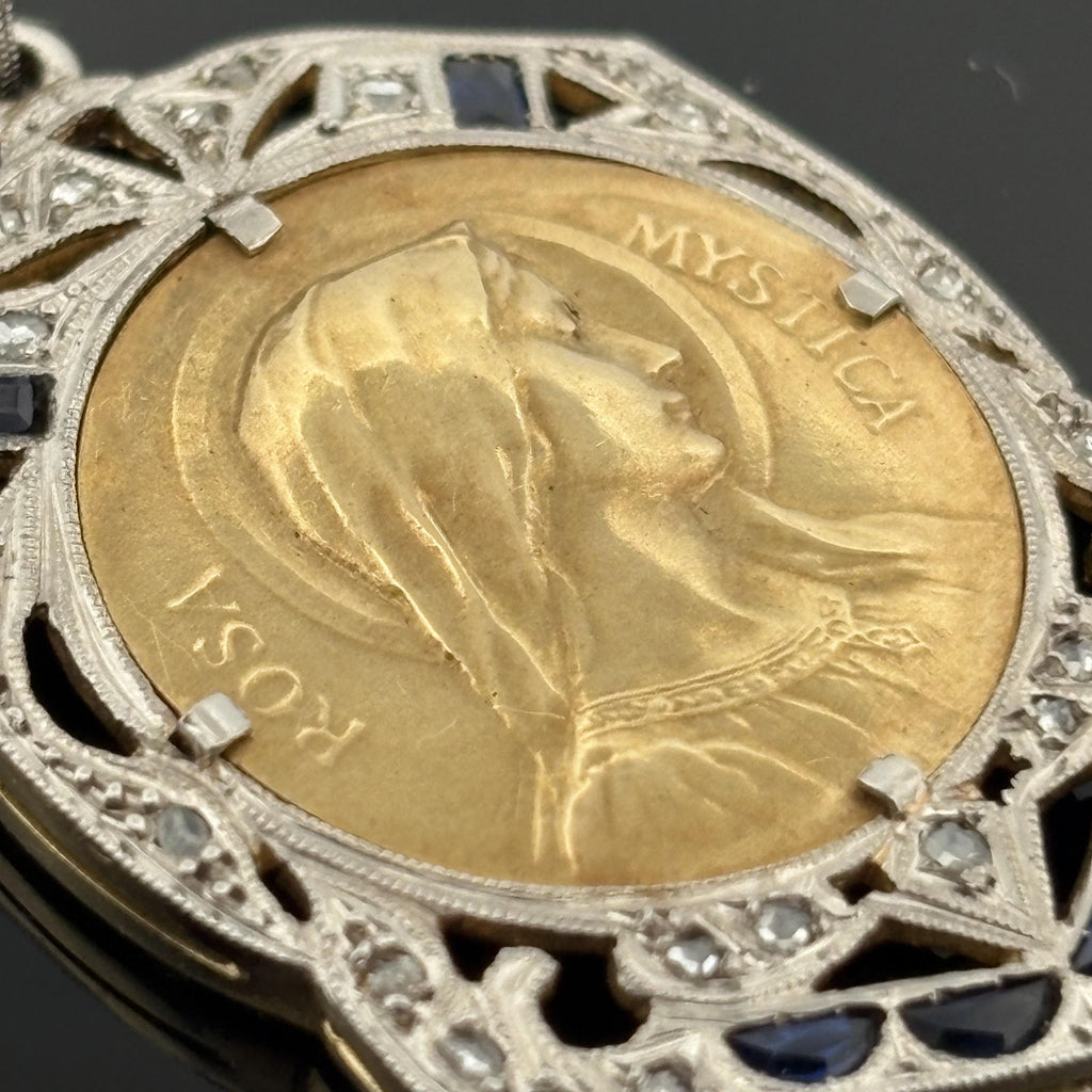 Art Deco Virgin Mary Mystic Rose Medal Pendant Platinum-Topped 18k Gold