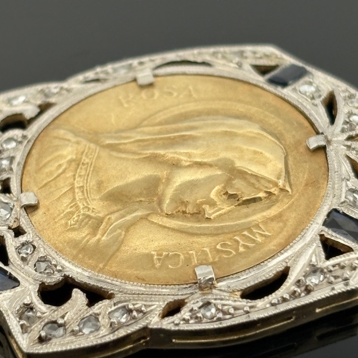 Art Deco Virgin Mary Mystic Rose Medal Pendant Platinum-Topped 18k Gold