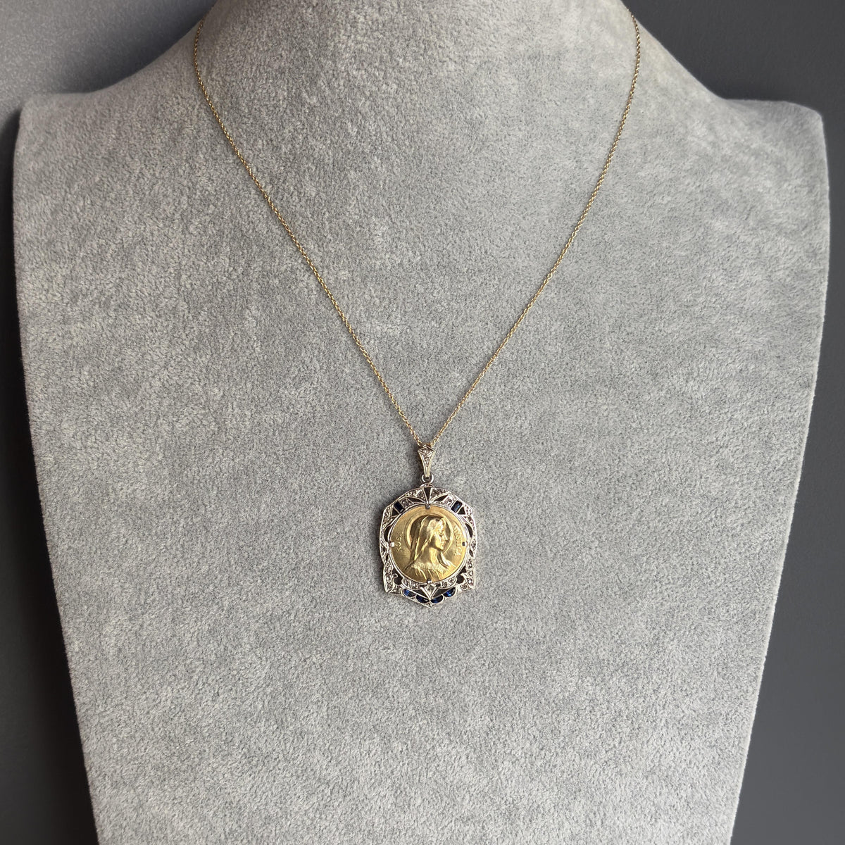Art Deco Virgin Mary Mystic Rose Medal Pendant Platinum-Topped 18k Gold
