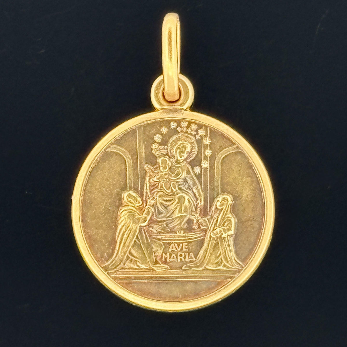 Vintage Unoaerre 18K Yellow Gold Ave Maria Our Lady of the Rosary Medal Pendant,