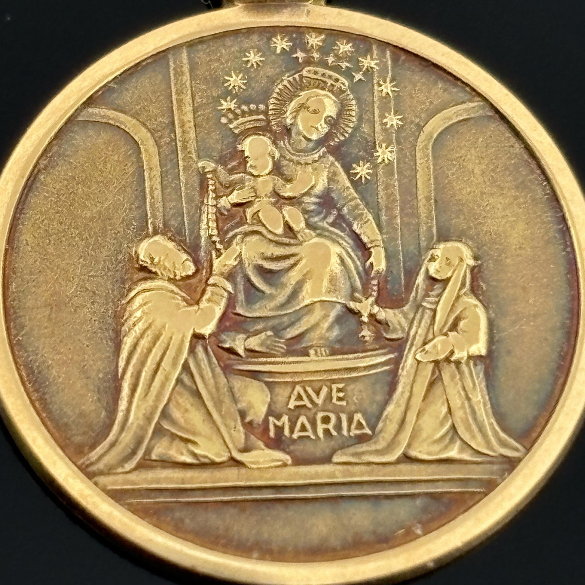 Vintage Unoaerre 18K Yellow Gold Ave Maria Our Lady of the Rosary Medal Pendant,