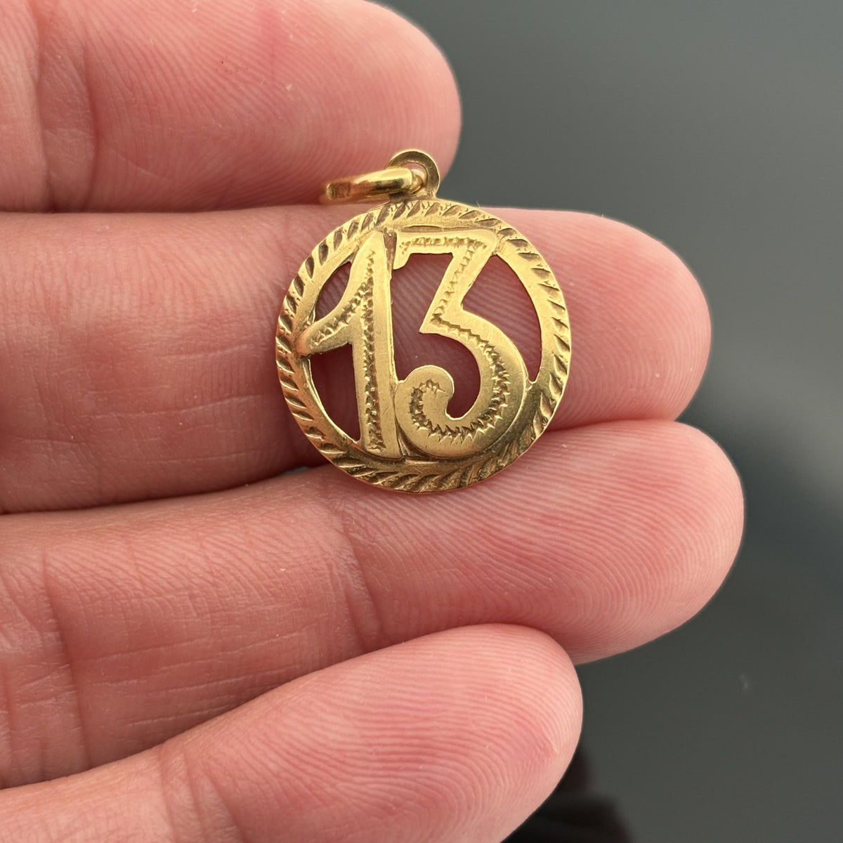 Vintage Italian 18K Yellow Gold Lucky 13 Openwork Pendant, Circa 1940