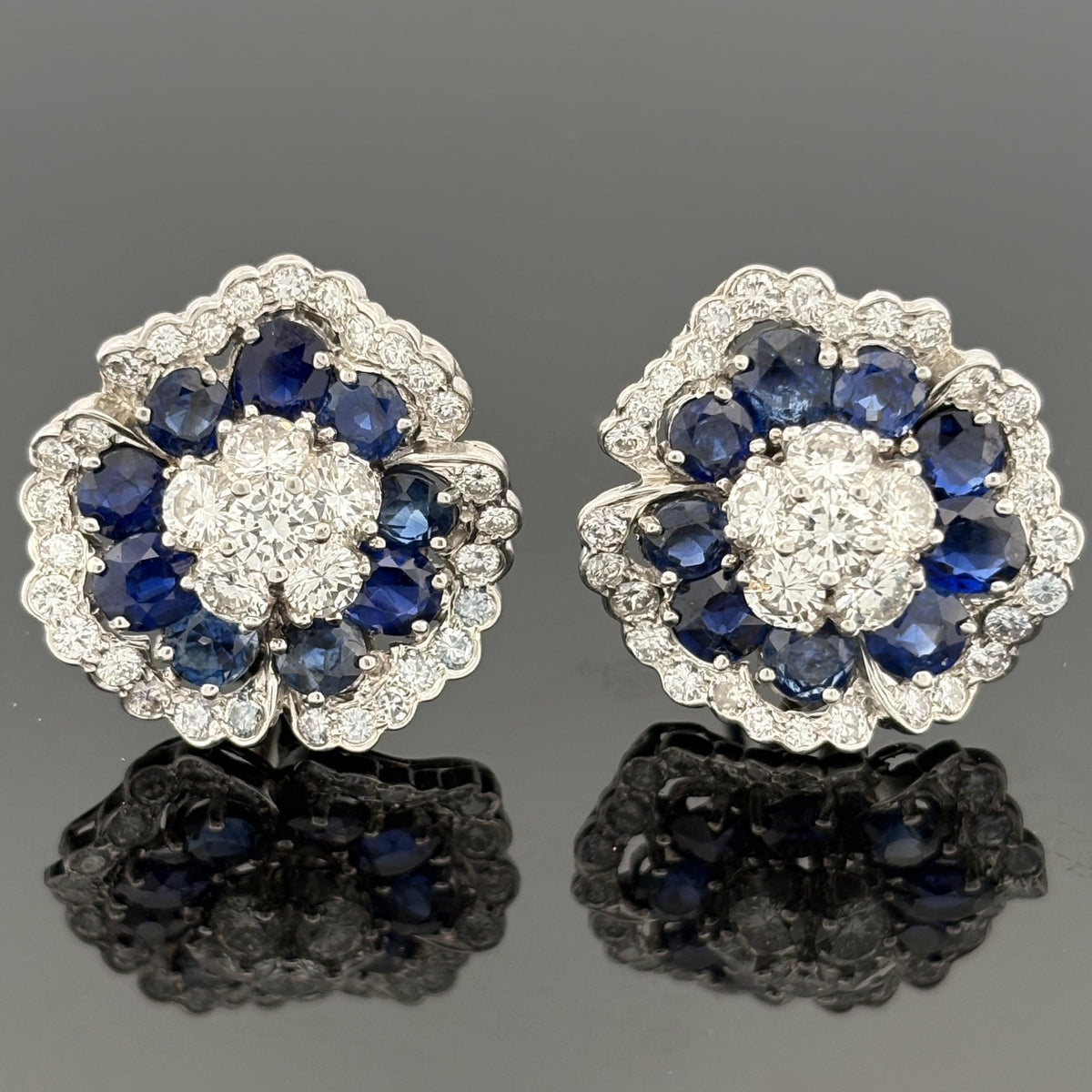 Platinum Sapphire and Diamond Camellia Flower Cluster Earrings, 13.00 CTW