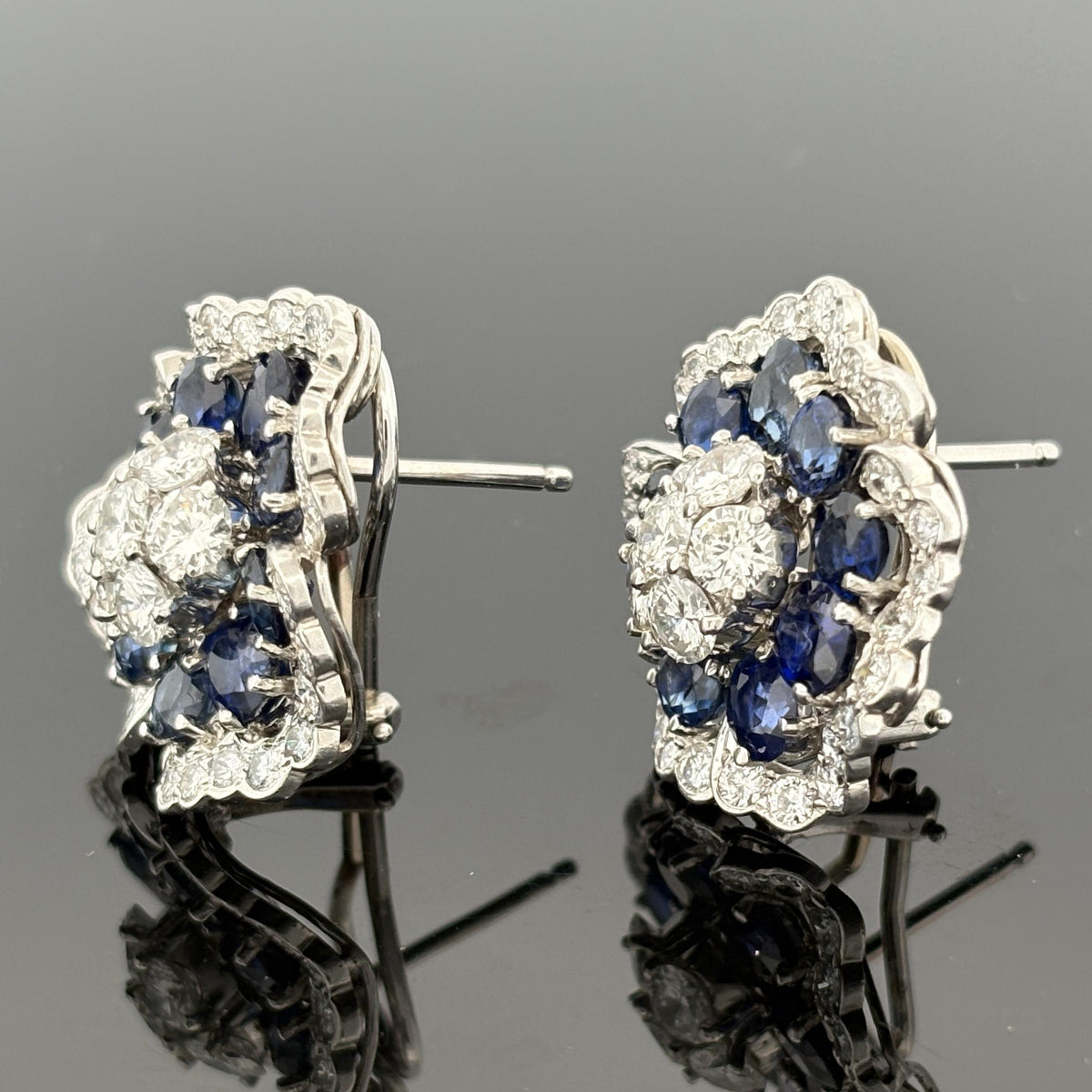 Platinum Sapphire and Diamond Camellia Flower Cluster Earrings, 13.00 CTW