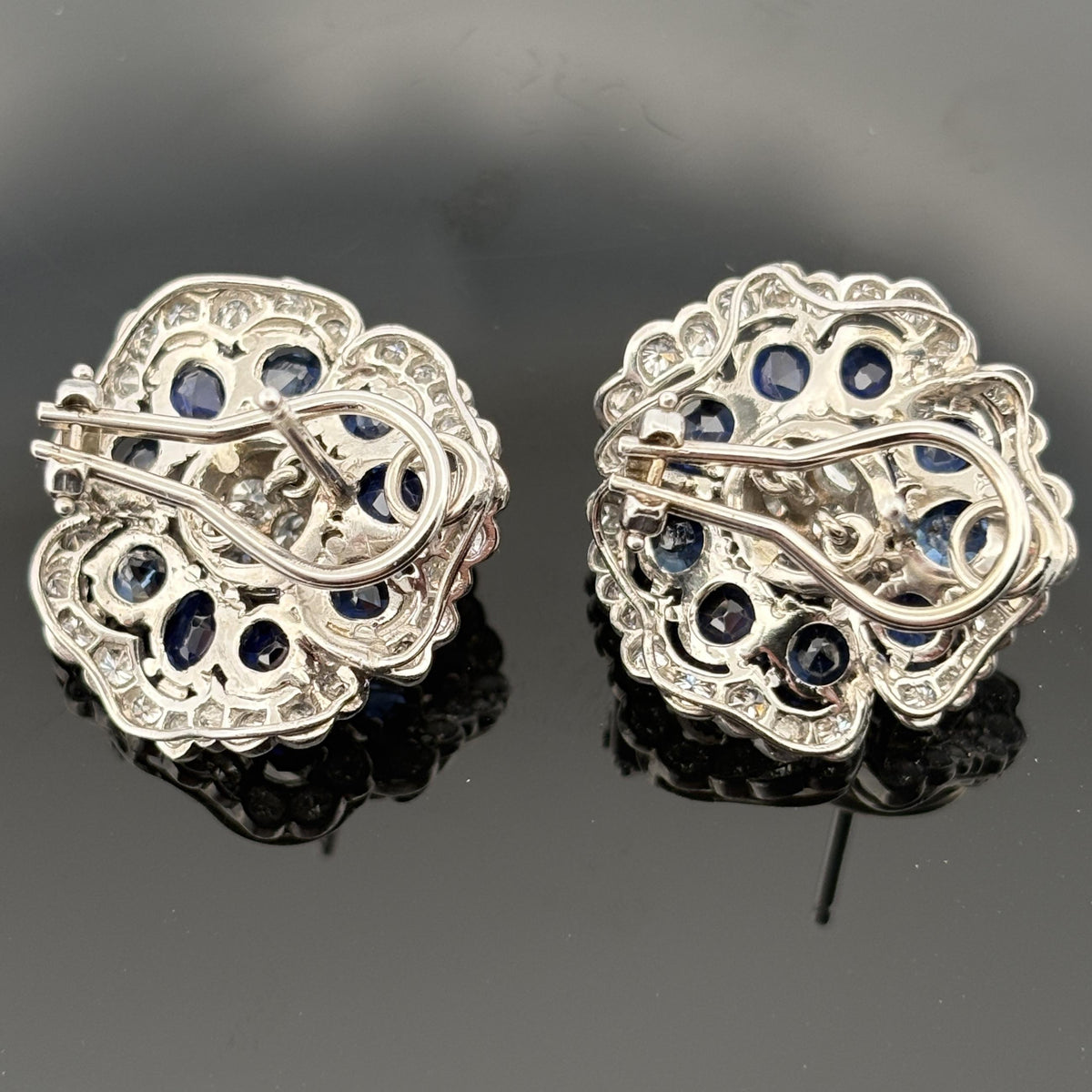 Platinum Sapphire and Diamond Camellia Flower Cluster Earrings, 13.00 CTW