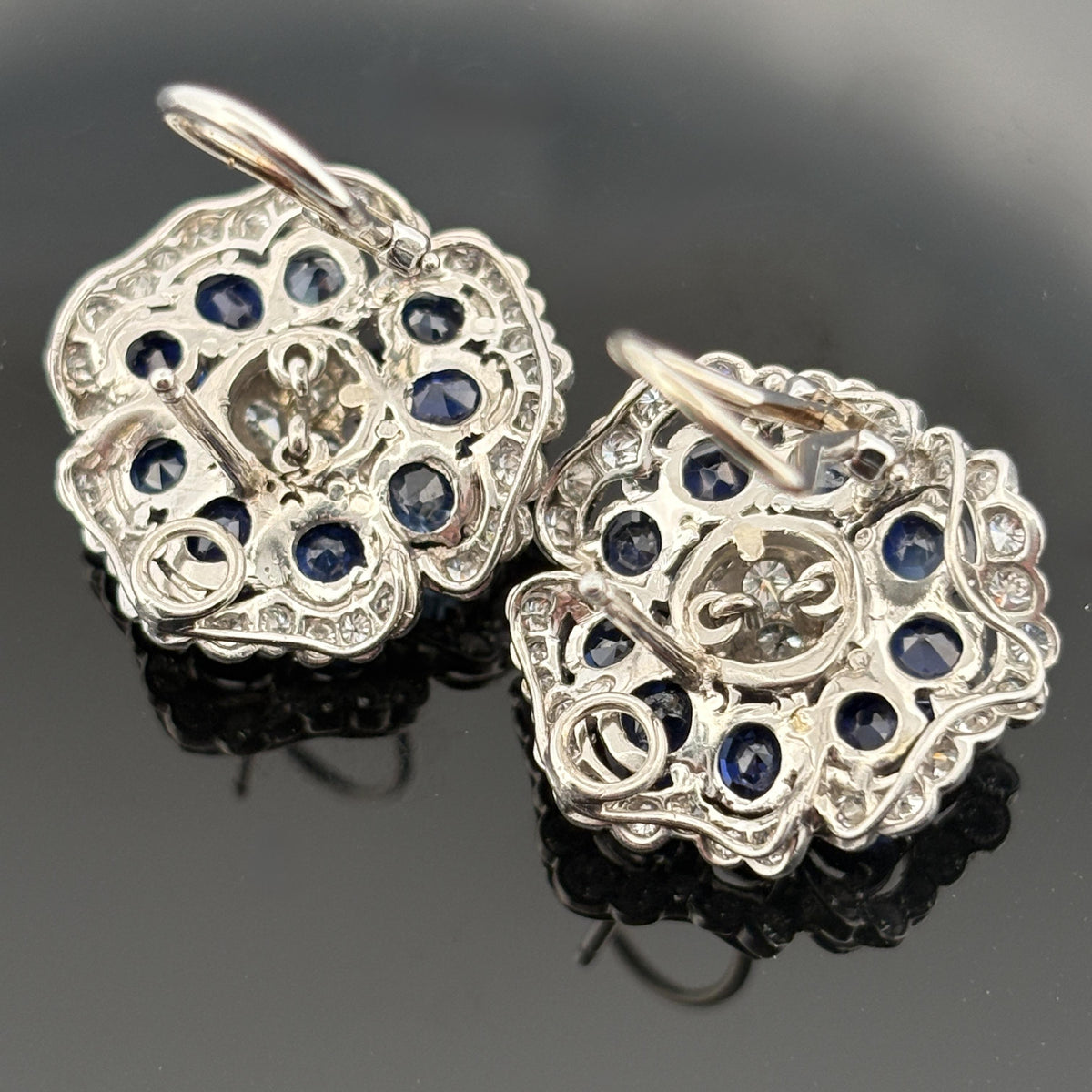 Platinum Sapphire and Diamond Camellia Flower Cluster Earrings, 13.00 CTW
