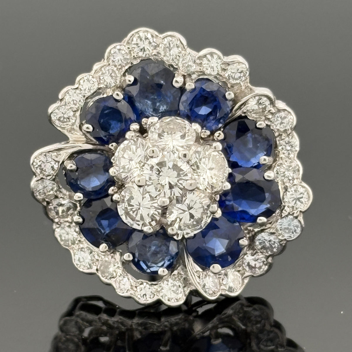 Platinum Sapphire and Diamond Camellia Flower Cluster Earrings, 13.00 CTW