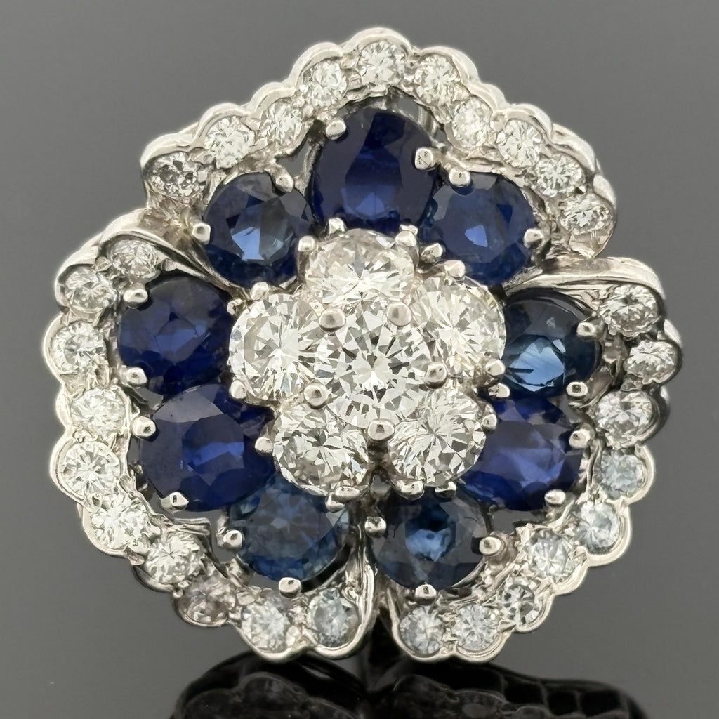 Platinum Sapphire and Diamond Camellia Flower Cluster Earrings, 13.00 CTW