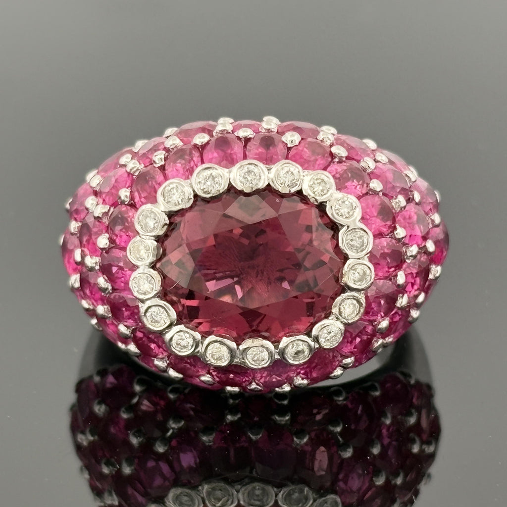 Sonia B. Pink Tourmaline, Pink Sapphire and Diamond 18K White Gold Bombé Ring