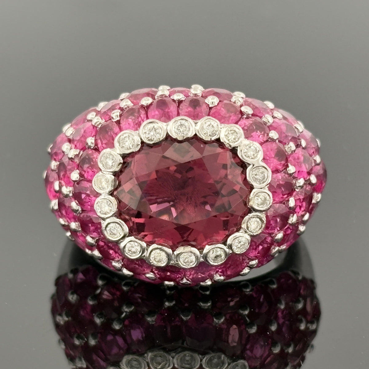 Sonia B. Pink Tourmaline, Pink Sapphire and Diamond 18K White Gold Bombé Ring