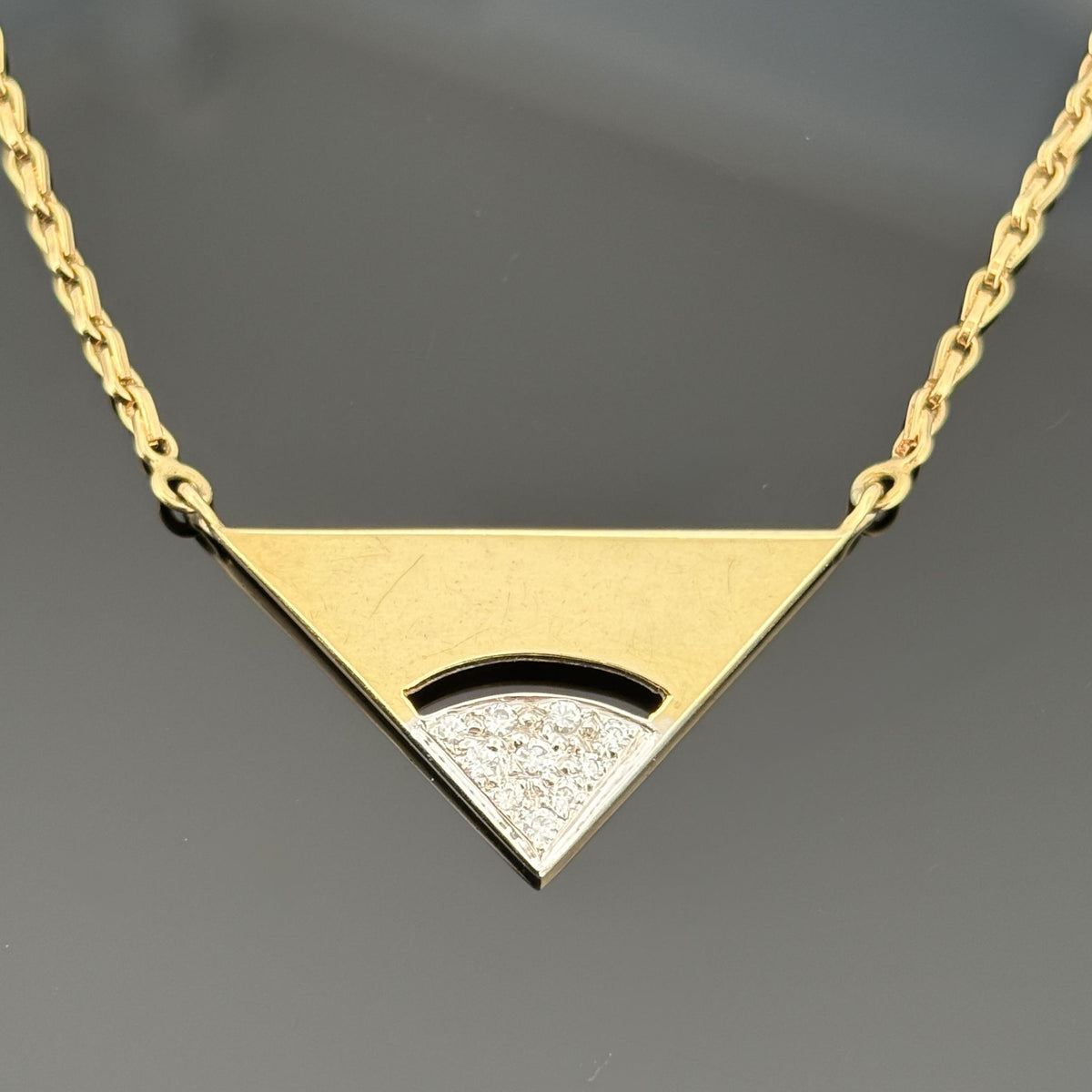 Vintage Italian Modernist 18K Gold and Diamond Triangle Pendant Necklace