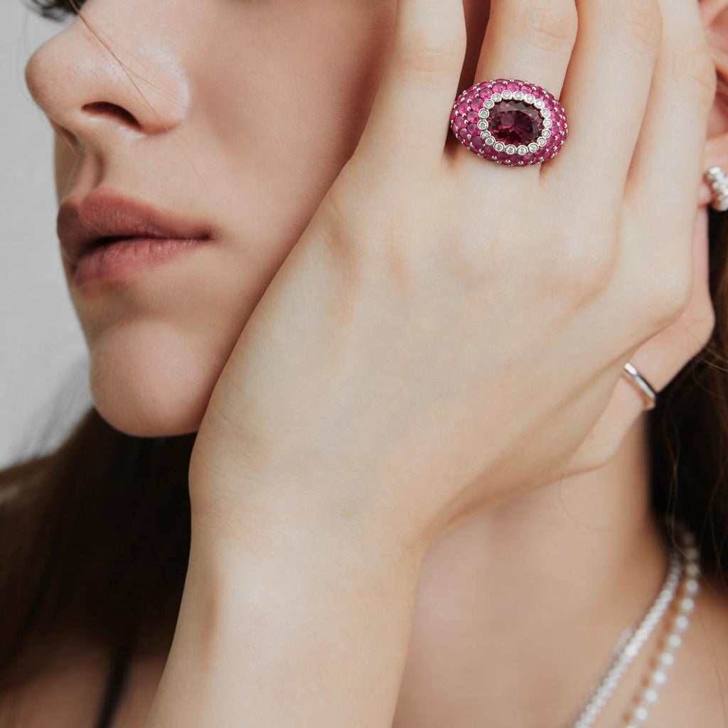 Sonia B. Pink Tourmaline, Pink Sapphire and Diamond 18K White Gold Bombé Ring