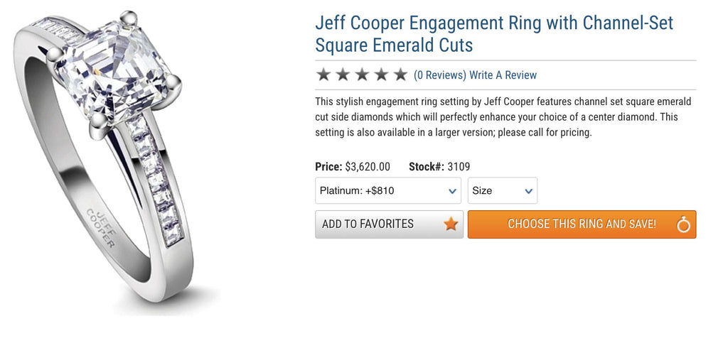 Jeff Cooper Platinum Engagement Ring Setting For ~ 6mm Square Stone - $3,620