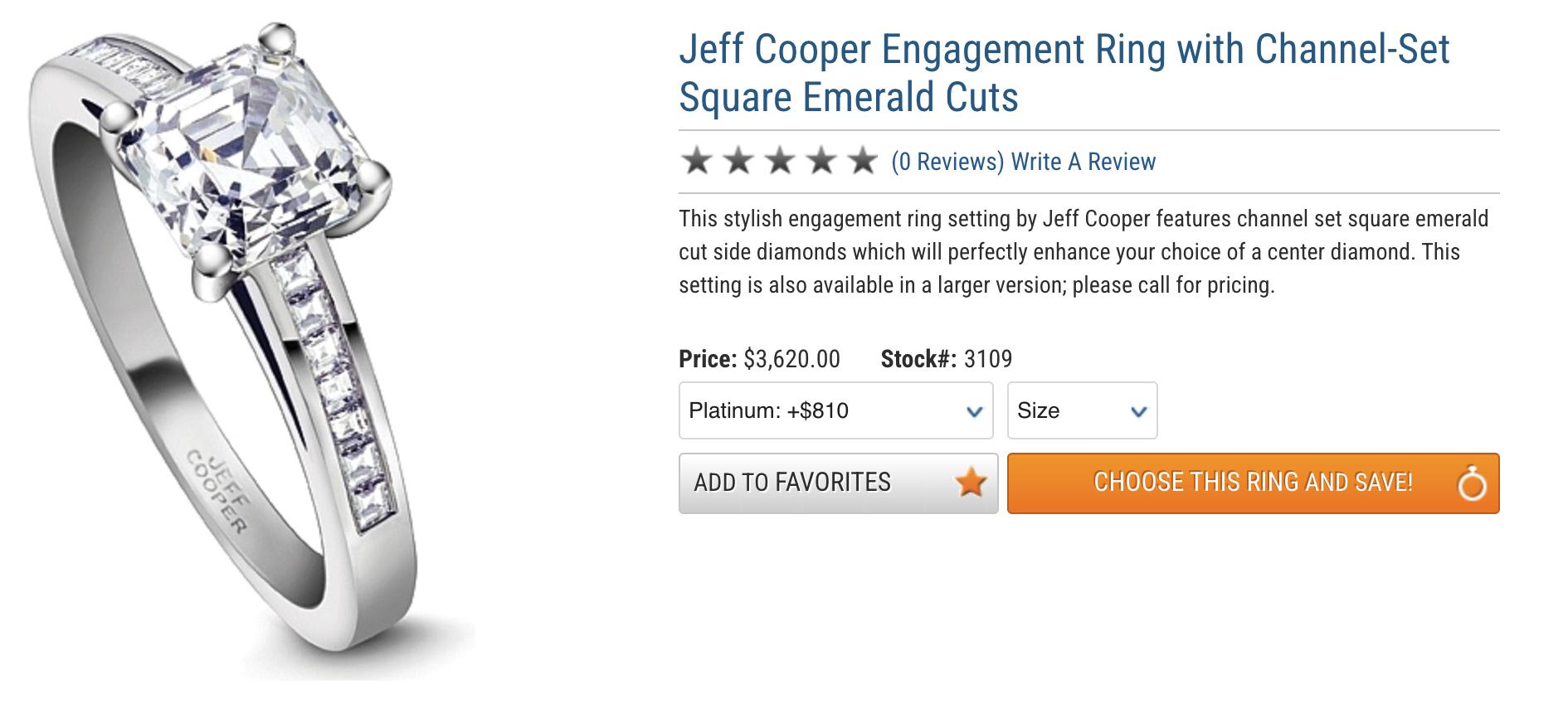 Jeff Cooper Platinum Engagement Ring Setting For ~ 6mm Square Stone - $3,620