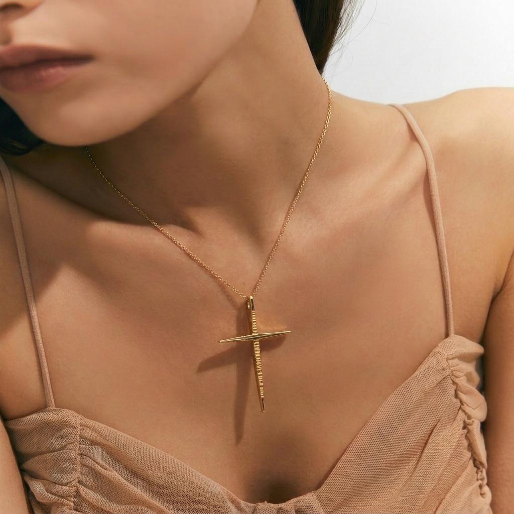Vintage 14K Yellow Gold Modernist/Brutalist Architectural Cross Pendant
