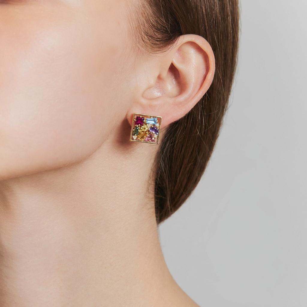 Modernist 18K Gold Multi-Gemstone Cluster Earrings, Signed RG, Diamond Accents