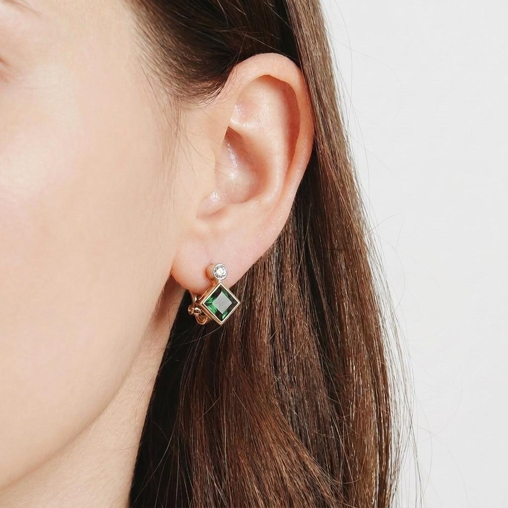 Vintage Modernist Tourmaline & Old Mine Cut Diamond Earrings 14k Gold