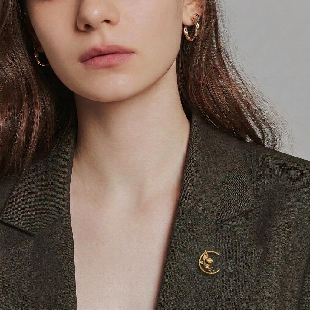 Antique Victorian Crescent Moon & Oak Leaf 14k Gold Pin