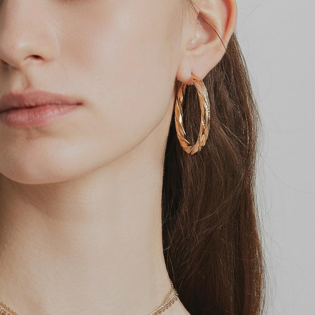 Vintage French 18K Tri-Color Gold Twisted Hollow Hoop Earrings, ca 1980