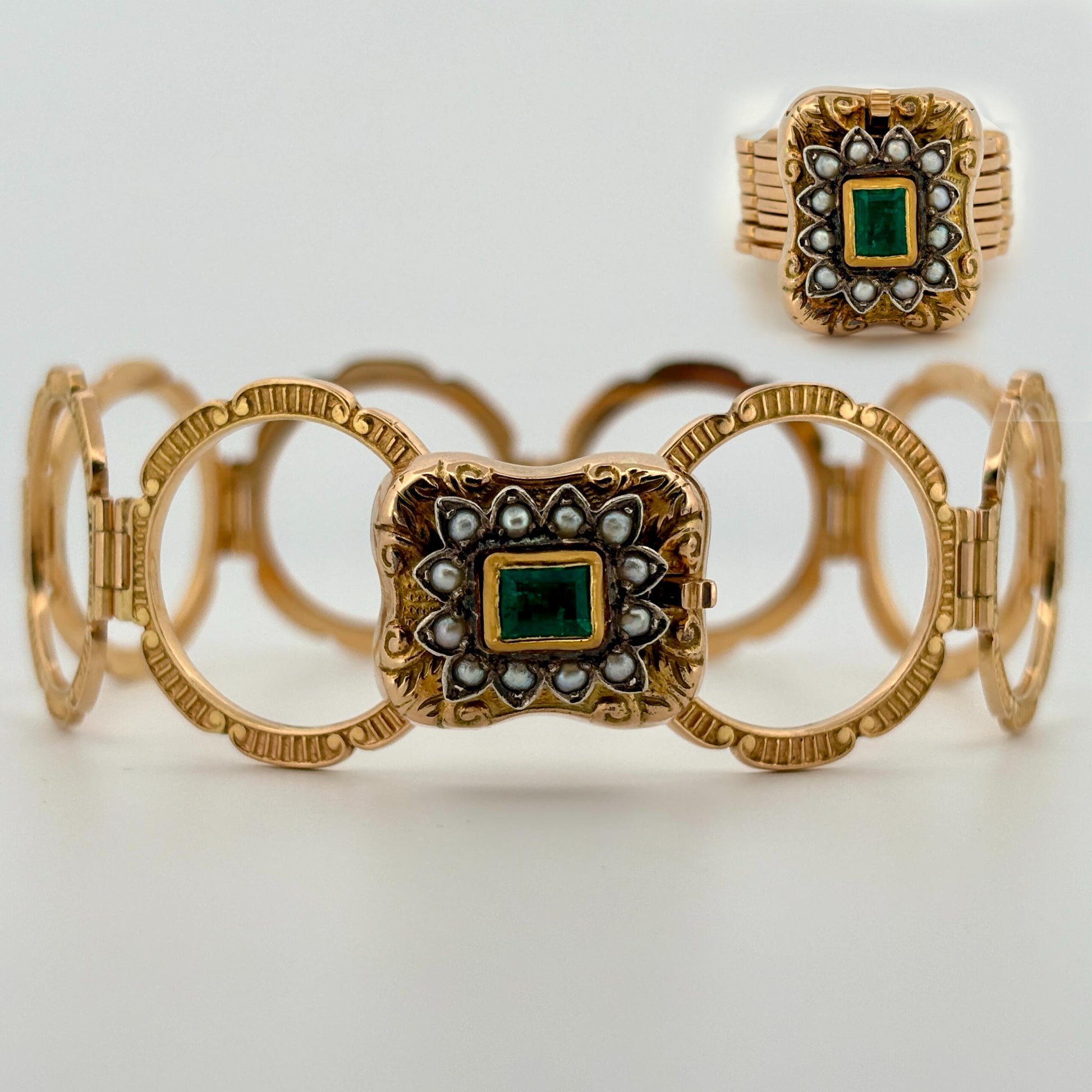 Vintage Convertible Emerald & Pearl Ring Bracelet 18k Yellow Gold Sz 6 1/2