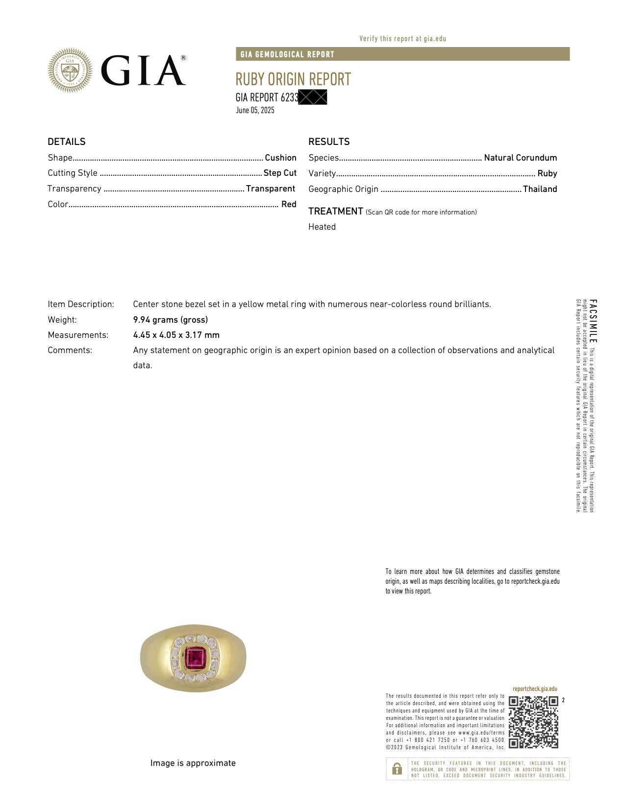 Vintage Cushion Ruby & Diamond Bombe Ring in 18k Yellow Gold - GIA