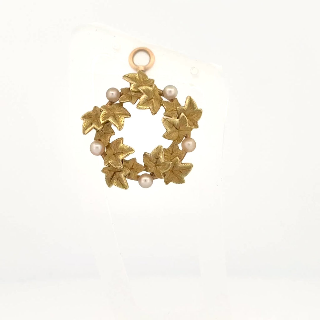 Antique Art Nouveau Pearl & Green Gold Ivy Pendant, 14k Gold