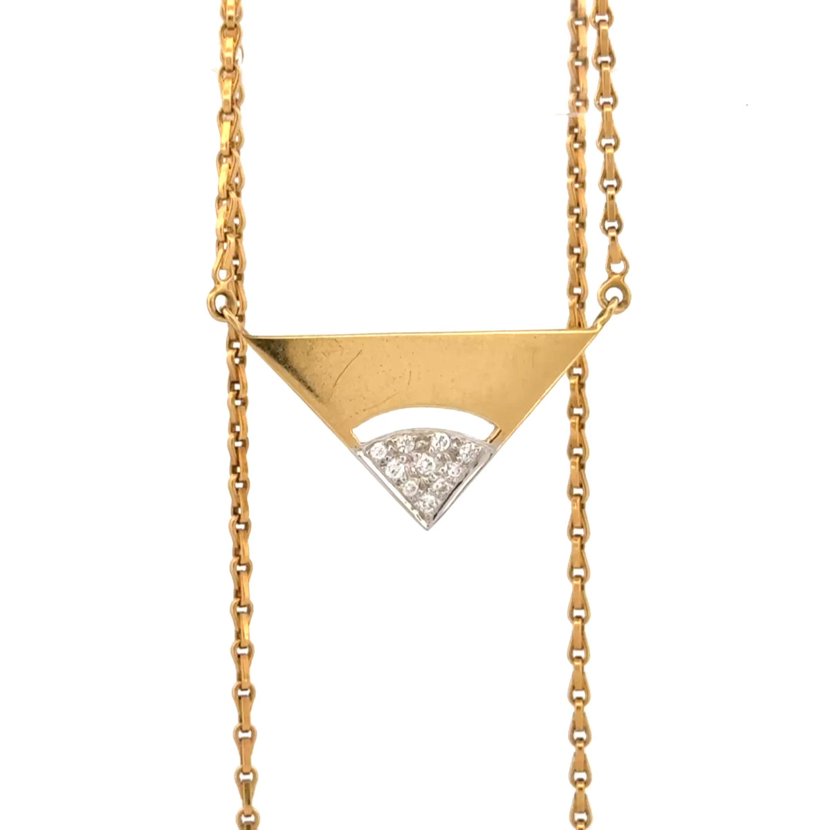Vintage Italian Modernist 18K Gold and Diamond Triangle Pendant Necklace