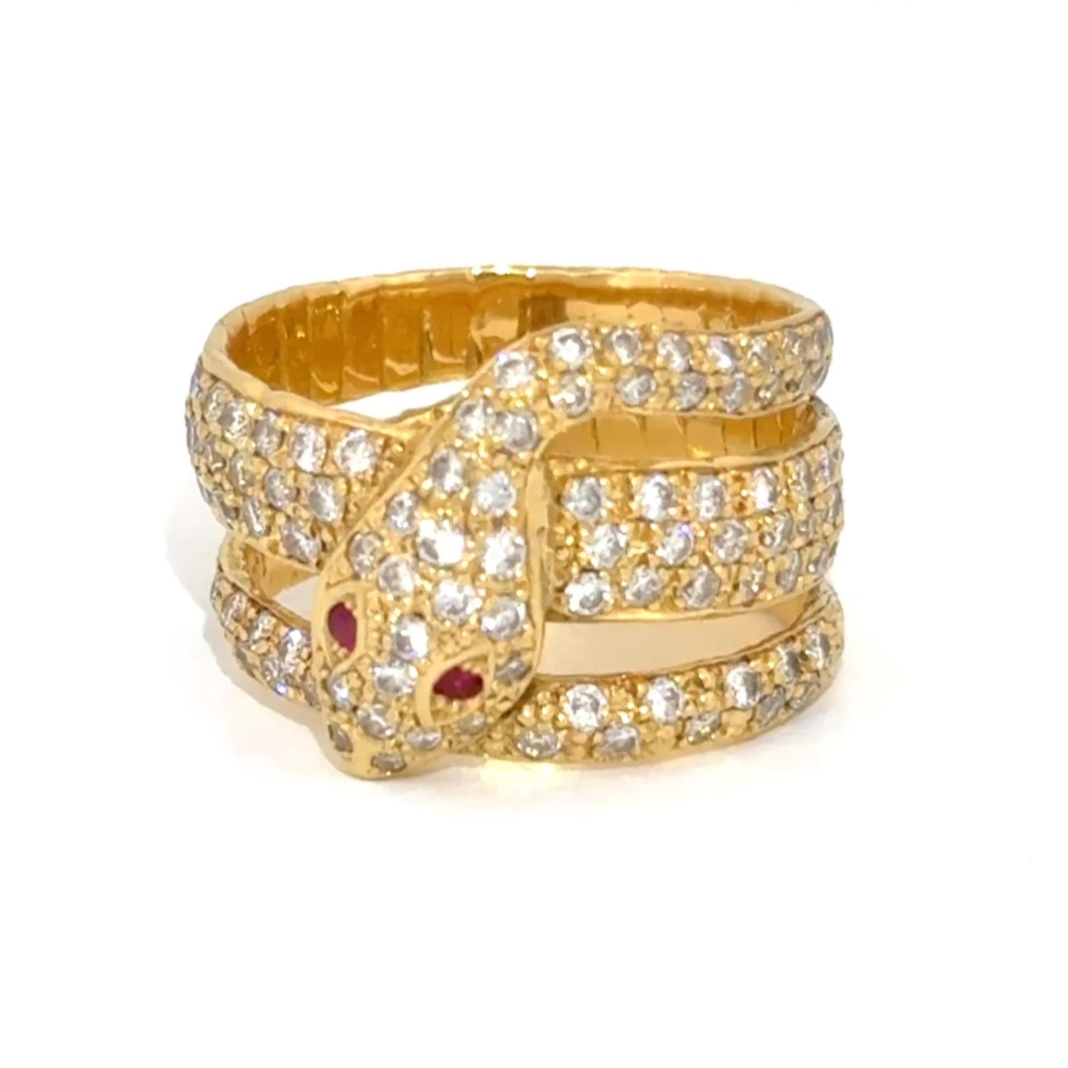 Coiled Serpent Snake Ring in 18K Gold with Pavé Diamonds and Ruby Eyes, 1.12ctw