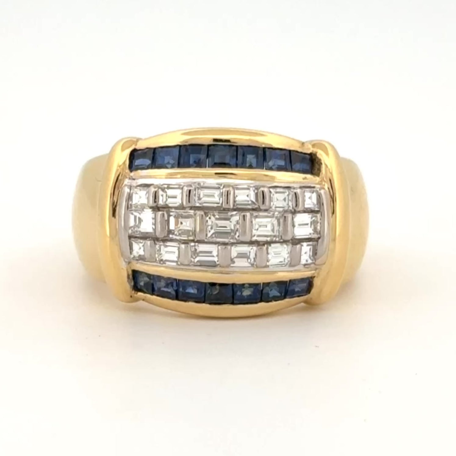 Diamond & Blue Sapphire Baguette 18k Yellow Gold Cocktail Ring