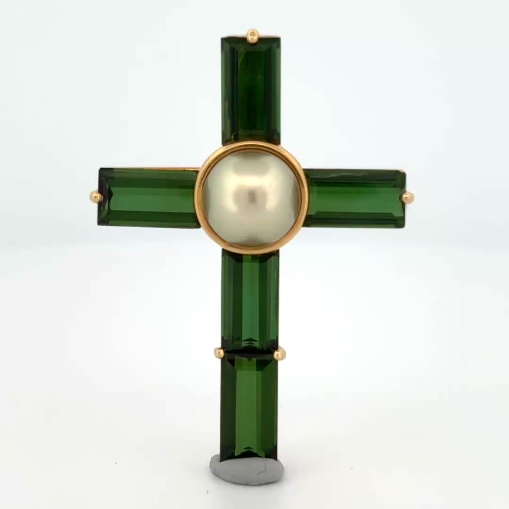 Asprey Green Tourmaline & Pearl Cross 18k Gold ~10ctw