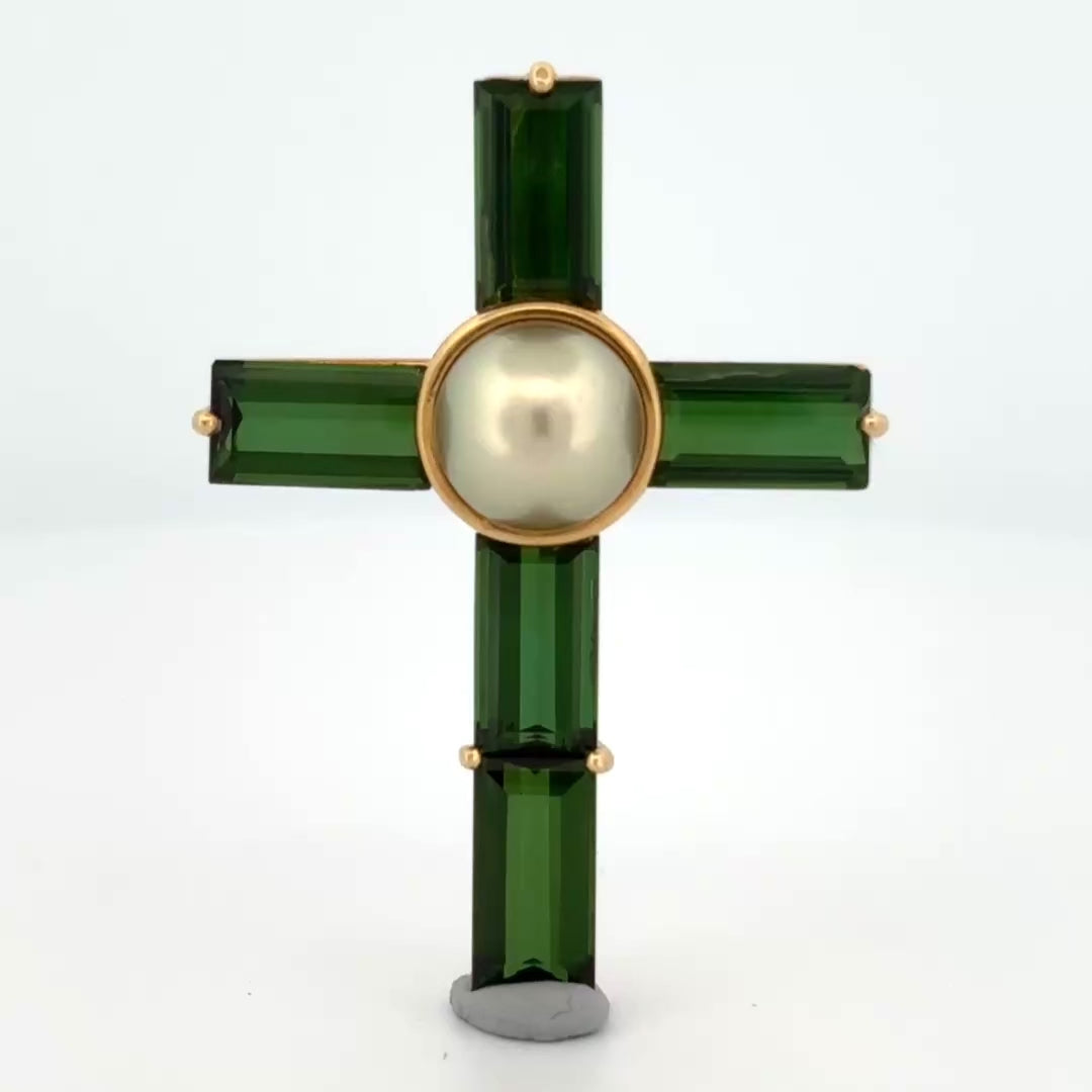 Asprey Green Tourmaline & Pearl Cross 18k Gold ~10ctw