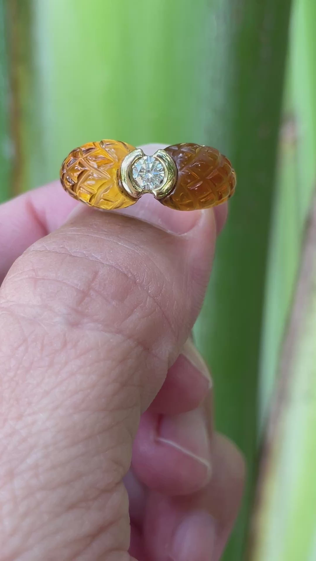 Vintage French Diamond & Carved Citrine 18k Yellow Gold Ring