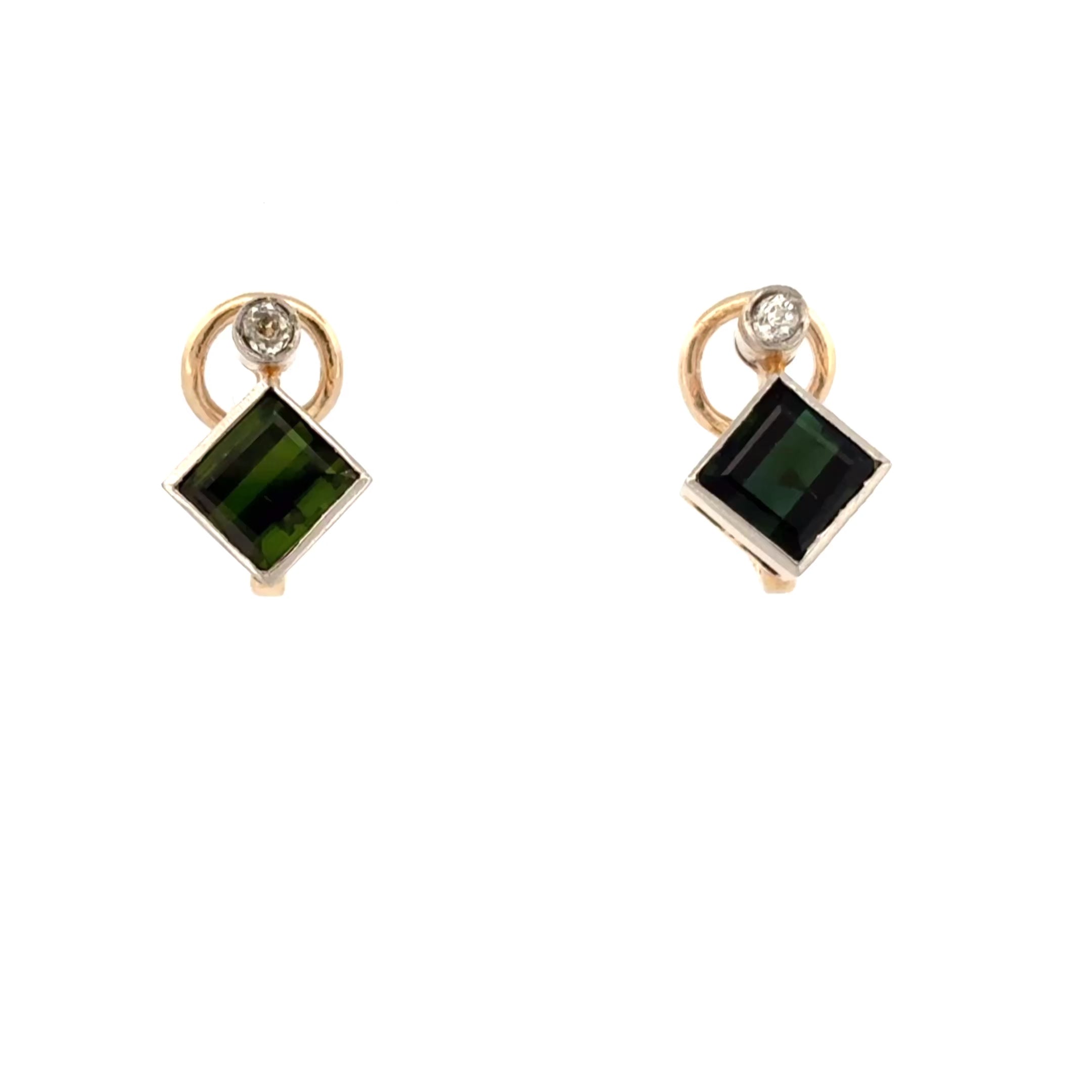 Vintage Modernist Tourmaline & Old Mine Cut Diamond Earrings 14k Gold