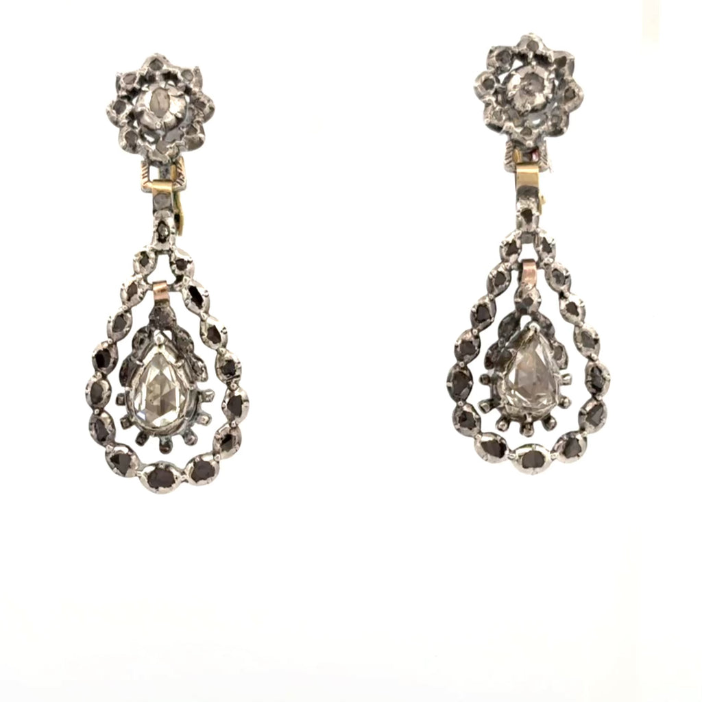 Antique Georgian Rose Cut Diamond Earrings in Silver-Topped 14k Gold, Dutch