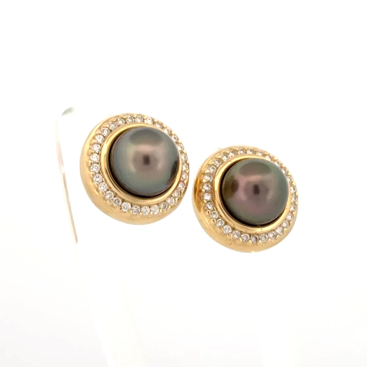 Tahitian Pearl 9.5mm and Diamond 14k Yellow Gold Earrings — Halo Set Studs