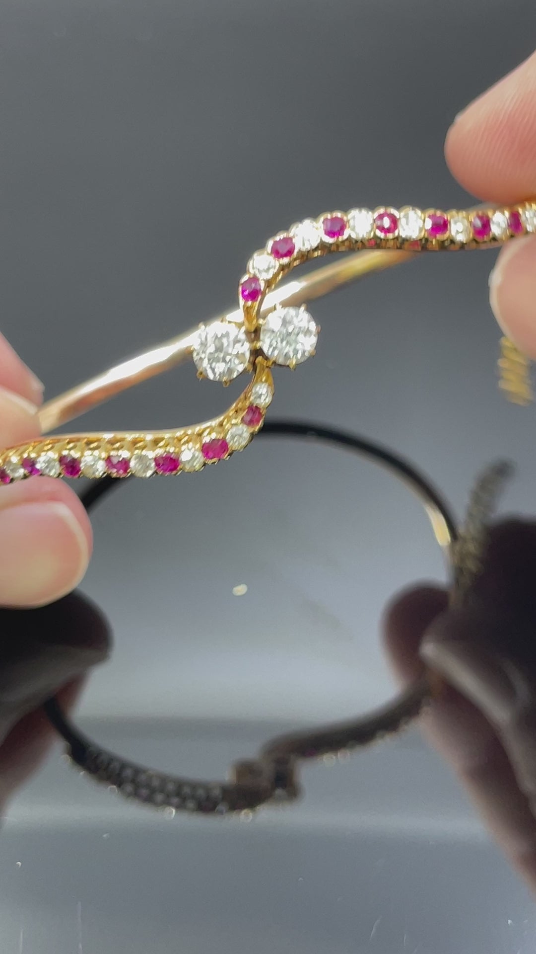 Antique Victorian Diamond & Ruby Bypass Bangle Bracelet 14k Rose Gold