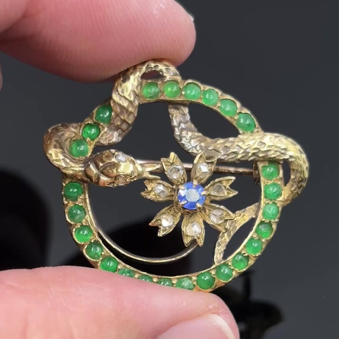 Antique Victorian Snake Brooch 18k Gold Emerald, Sapphire & Rose Cut Diamonds