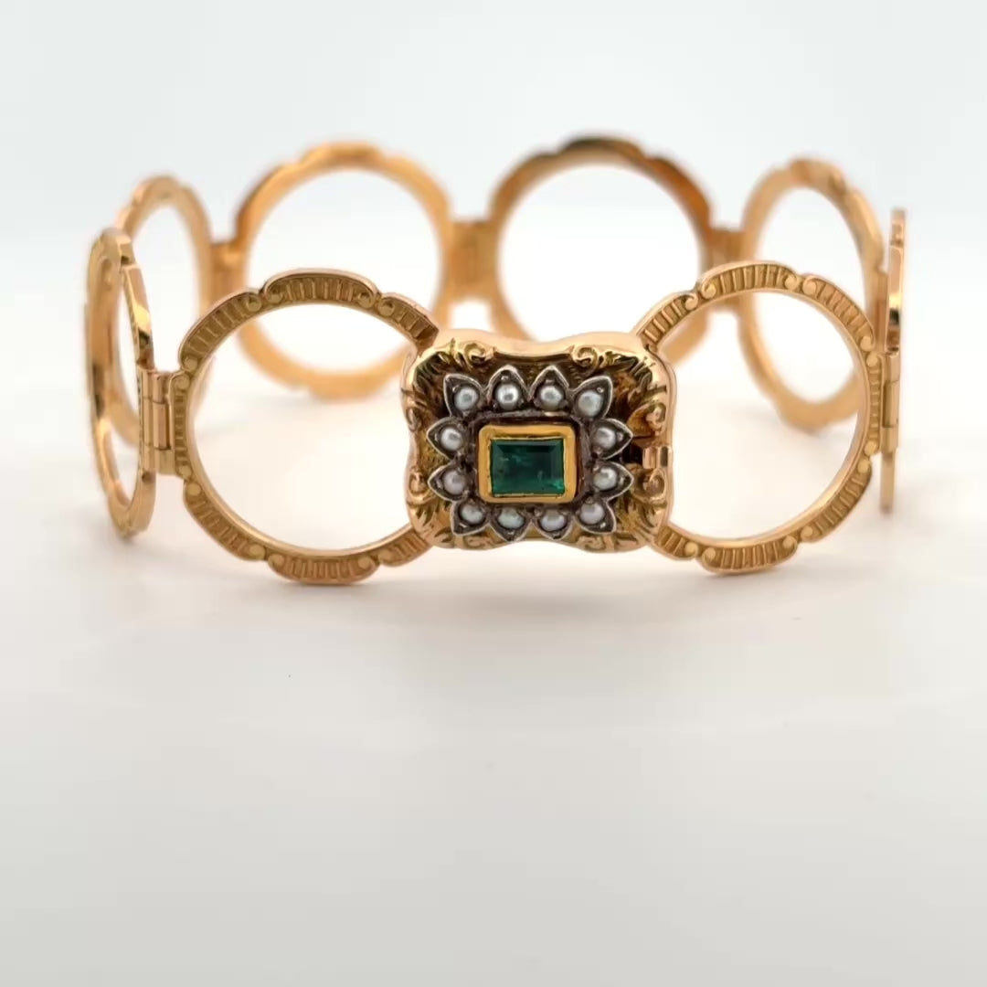 Vintage Convertible Emerald & Pearl Ring Bracelet 18k Yellow Gold Sz 6 1/2