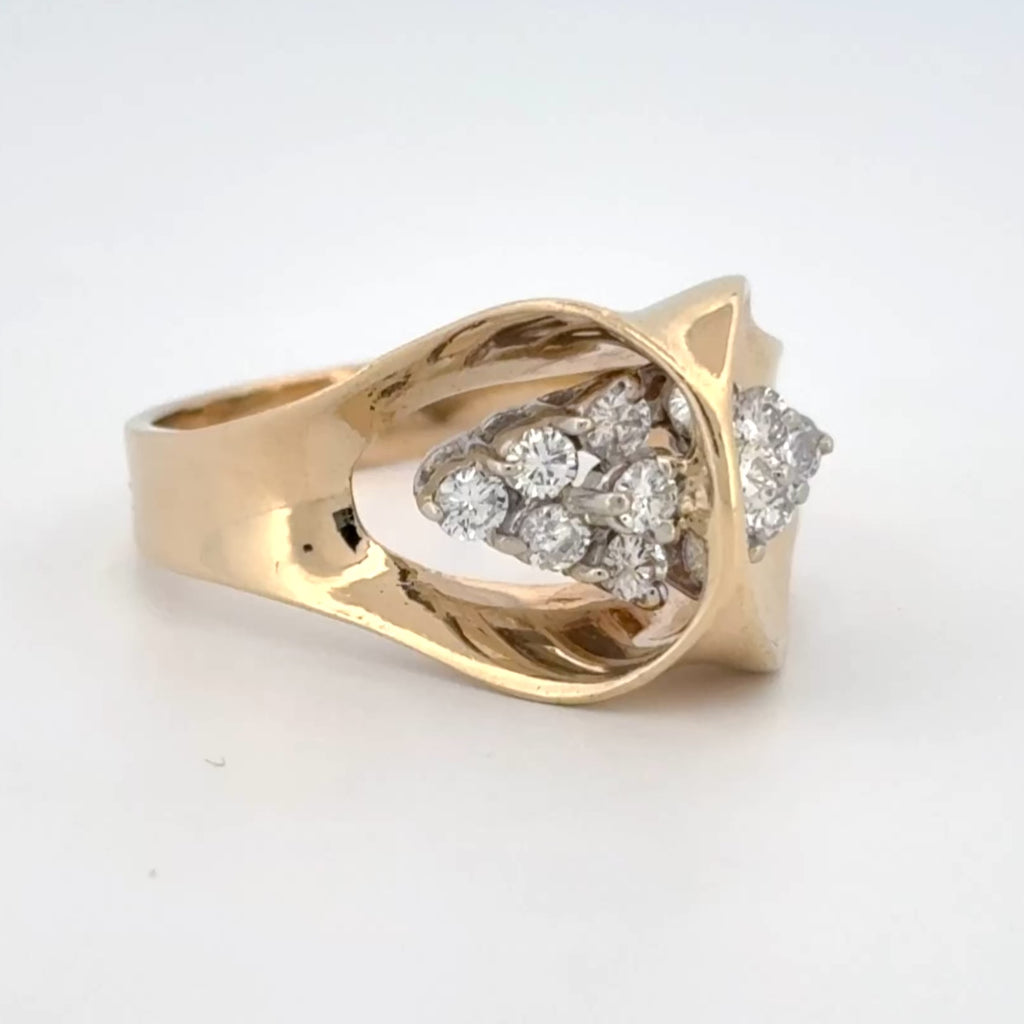 Vintage 14K Gold Sculpted Bow Ring, Diamond Clusters ~0.60ctw, ca. 1975