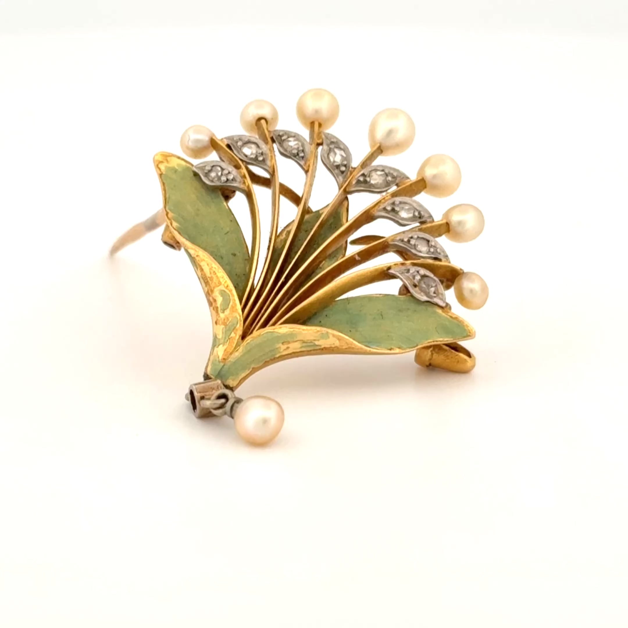 French Art Nouveau 18k Gold Diamond, Pearl & Enamel Brooch, André Rambour