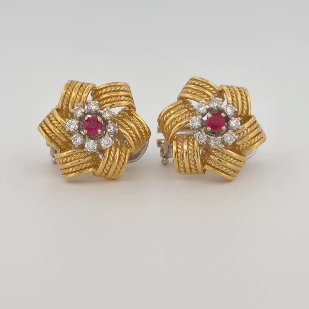 Vintage Rope Motif Ruby & Diamond Earrings 18k Gold