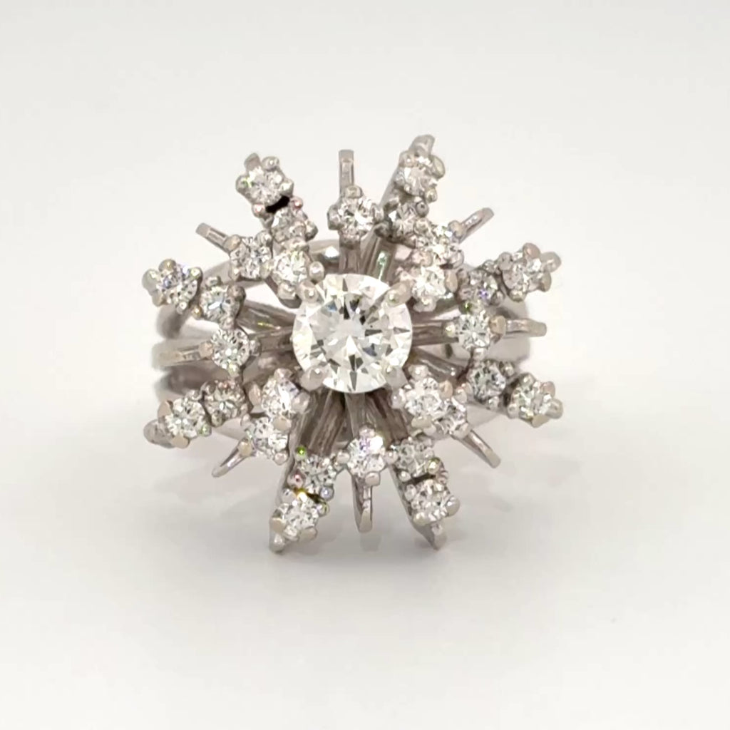 Vintage Mid-Century Diamond Starburst 14k White Gold Ring, 1.33ctw