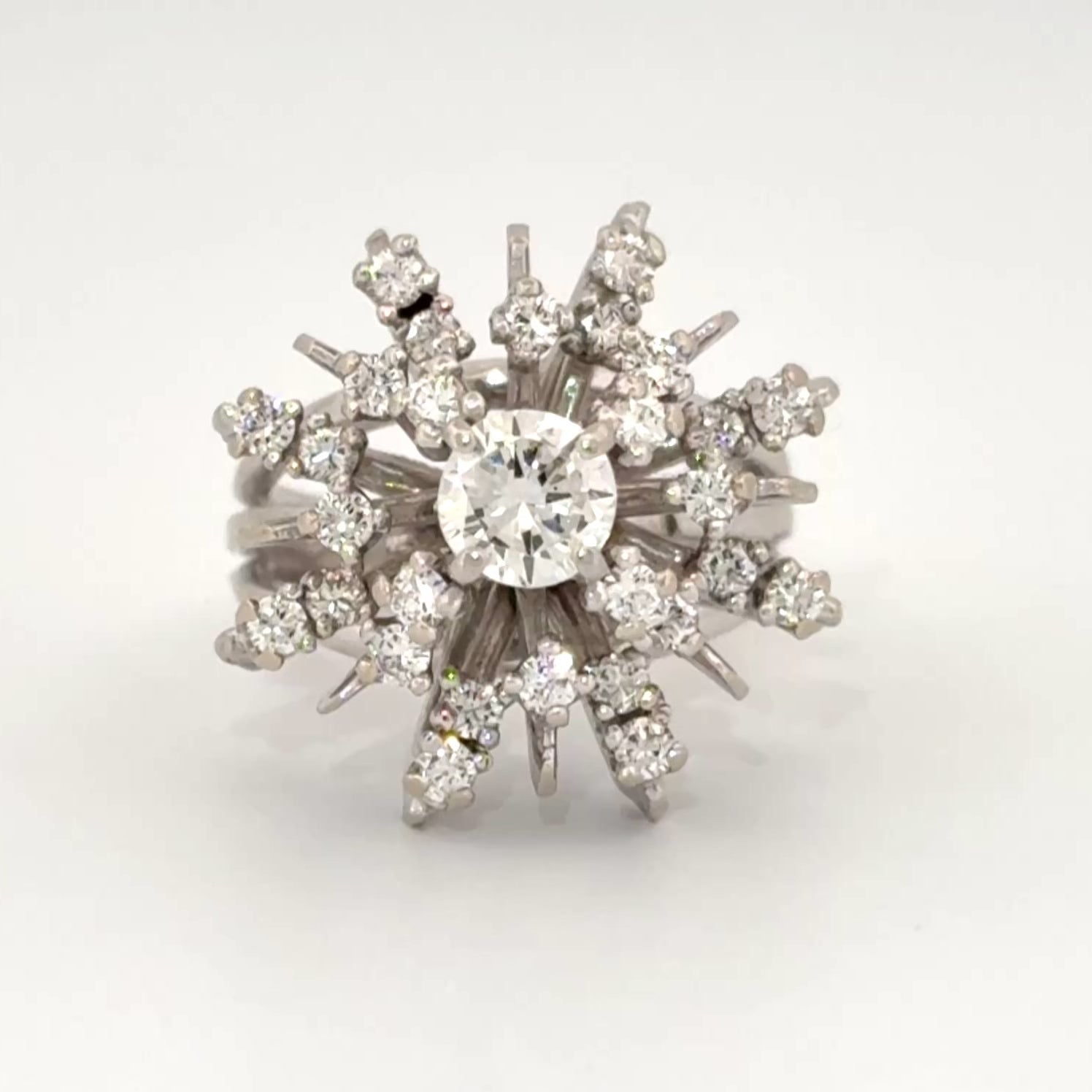 Vintage Mid-Century Diamond Starburst 14k White Gold Ring, 1.33ctw