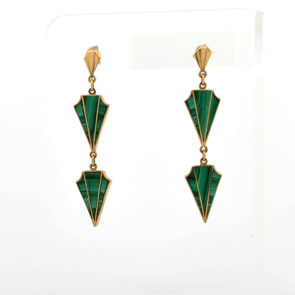 Vintage Art Deco Revival Malachite Drop Earrings 18k Yellow Gold, 1970s
